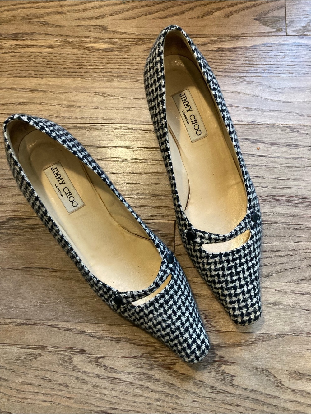 Jimmy Choo vintage Black and White Houndstooth Pointed-Toe Mary Jane kitten heel